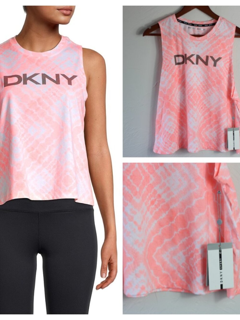 DKNY Sport Womens Tank Top Sleeveless Pink Tie Dye Large NWT